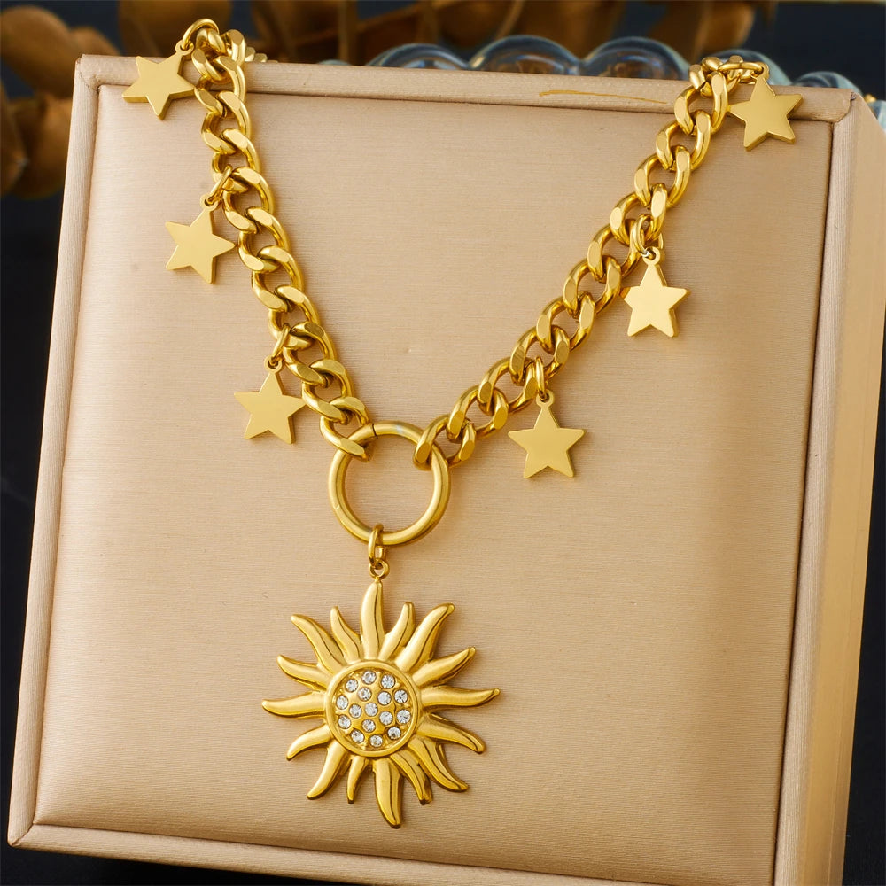 Sun, Moon & Starfish Necklace, Gold-Tone