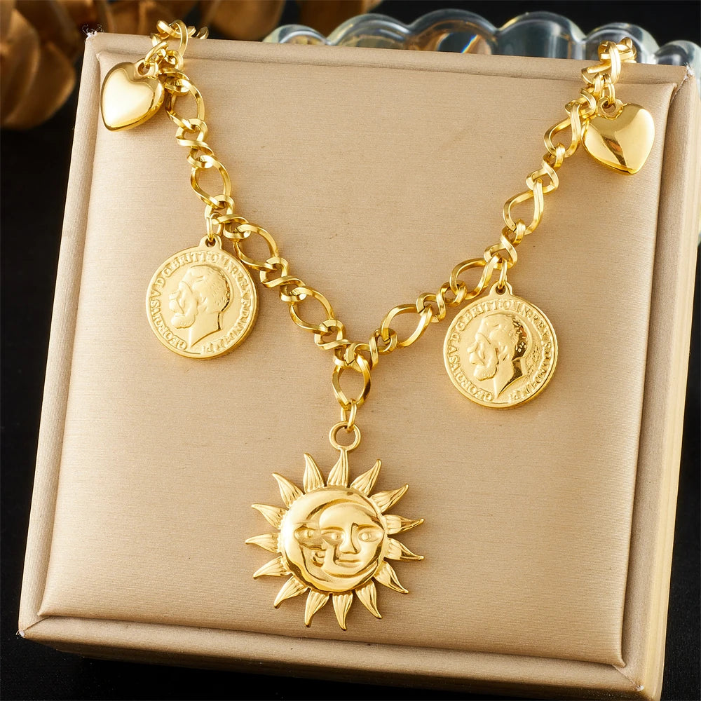 Sun, Moon & Starfish Necklace, Gold-Tone