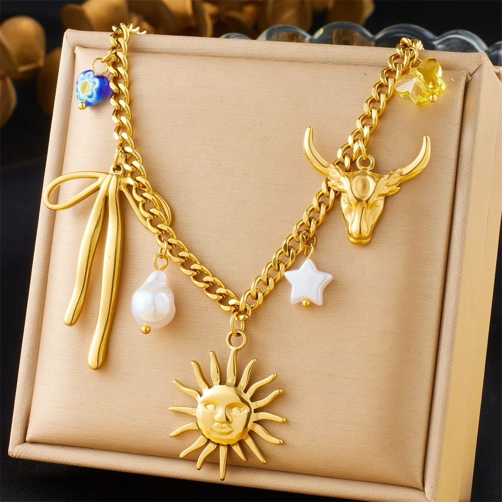 Sun, Moon & Starfish Necklace, Gold-Tone