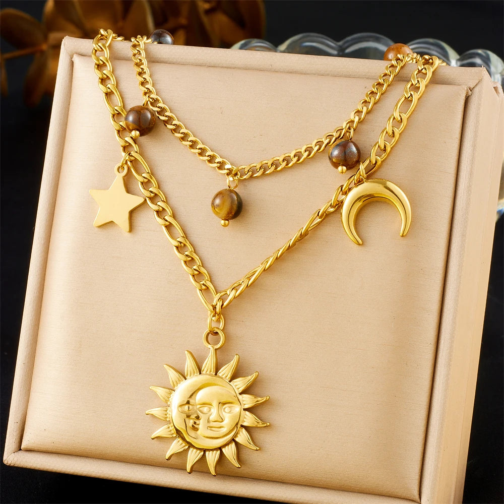 Sun, Moon & Starfish Necklace, Gold-Tone