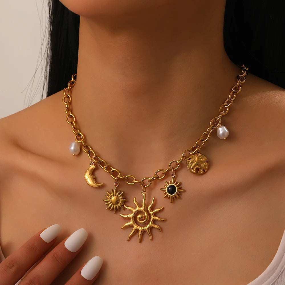 Sun, Moon & Starfish Necklace, Gold-Tone