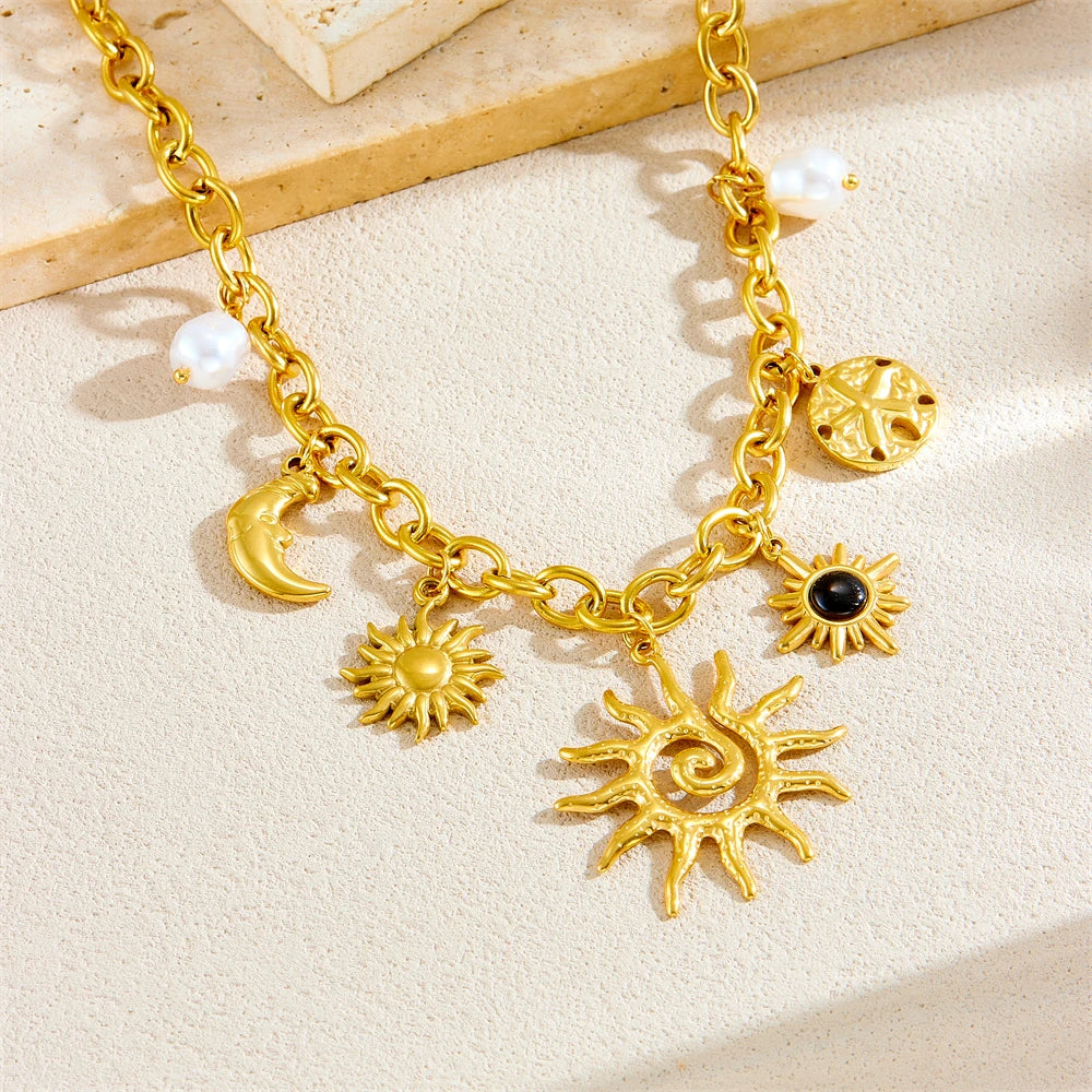 Sun, Moon & Starfish Necklace, Gold-Tone