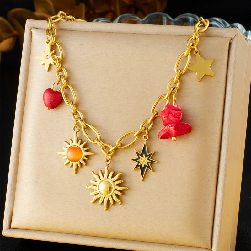 Sun, Moon & Starfish Necklace, Gold-Tone