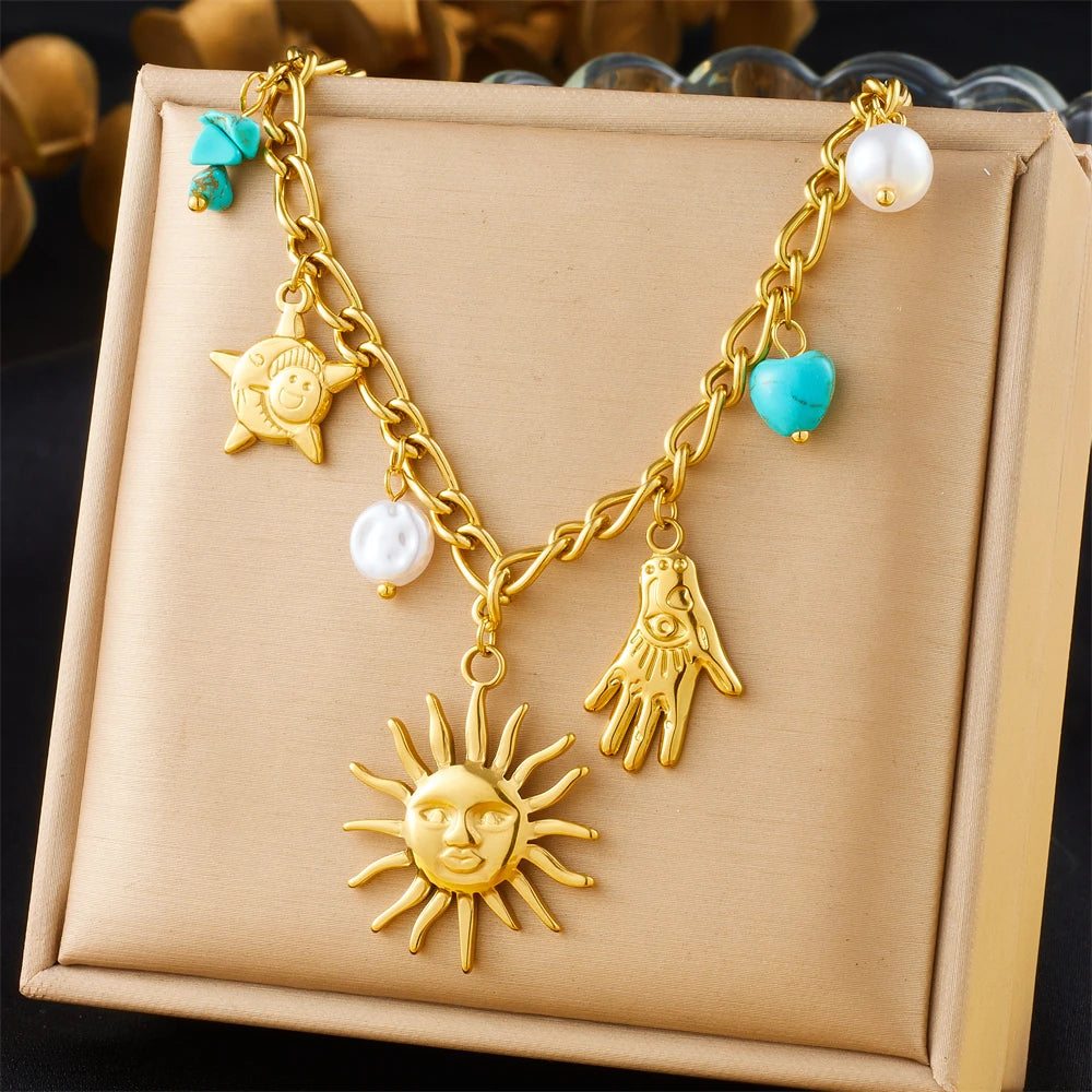 Sun, Moon & Starfish Necklace, Gold-Tone