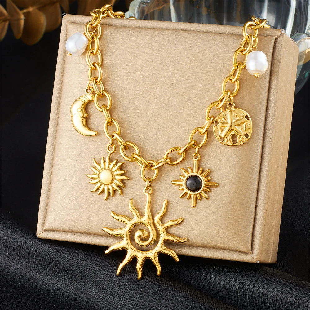 Sun, Moon & Starfish Necklace, Gold-Tone