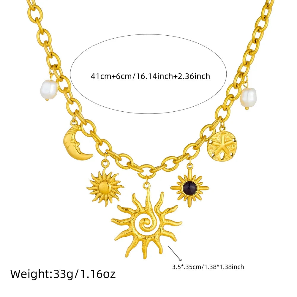 Sun, Moon & Starfish Necklace, Gold-Tone
