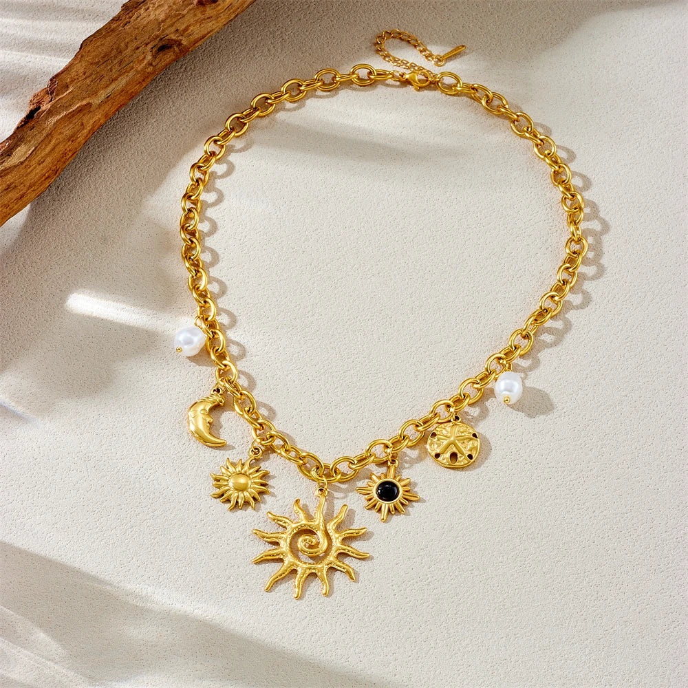 Sun, Moon & Starfish Necklace, Gold-Tone