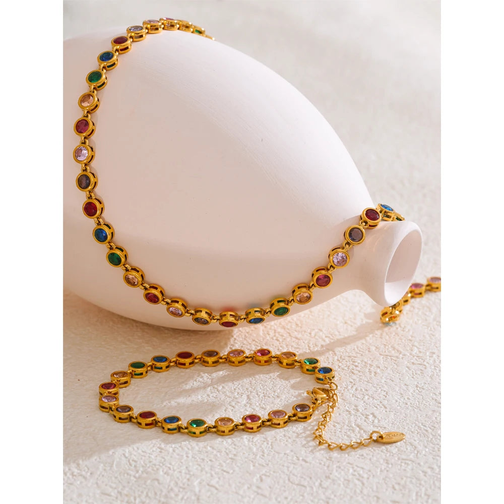 Colored Stone Chain Bracelet or Necklace, Gold-Tone