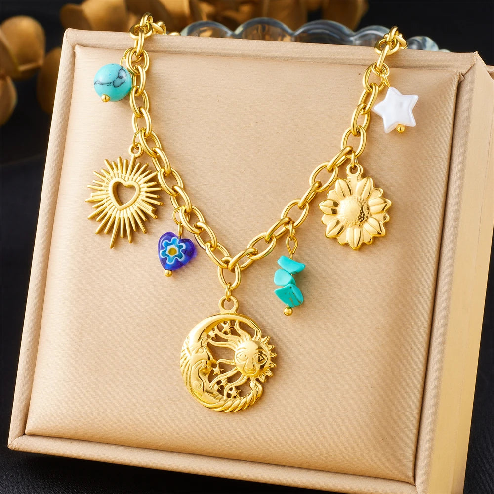 Sun, Moon & Starfish Necklace, Gold-Tone
