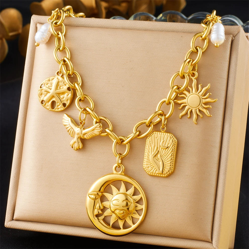 Sun, Moon & Starfish Necklace, Gold-Tone
