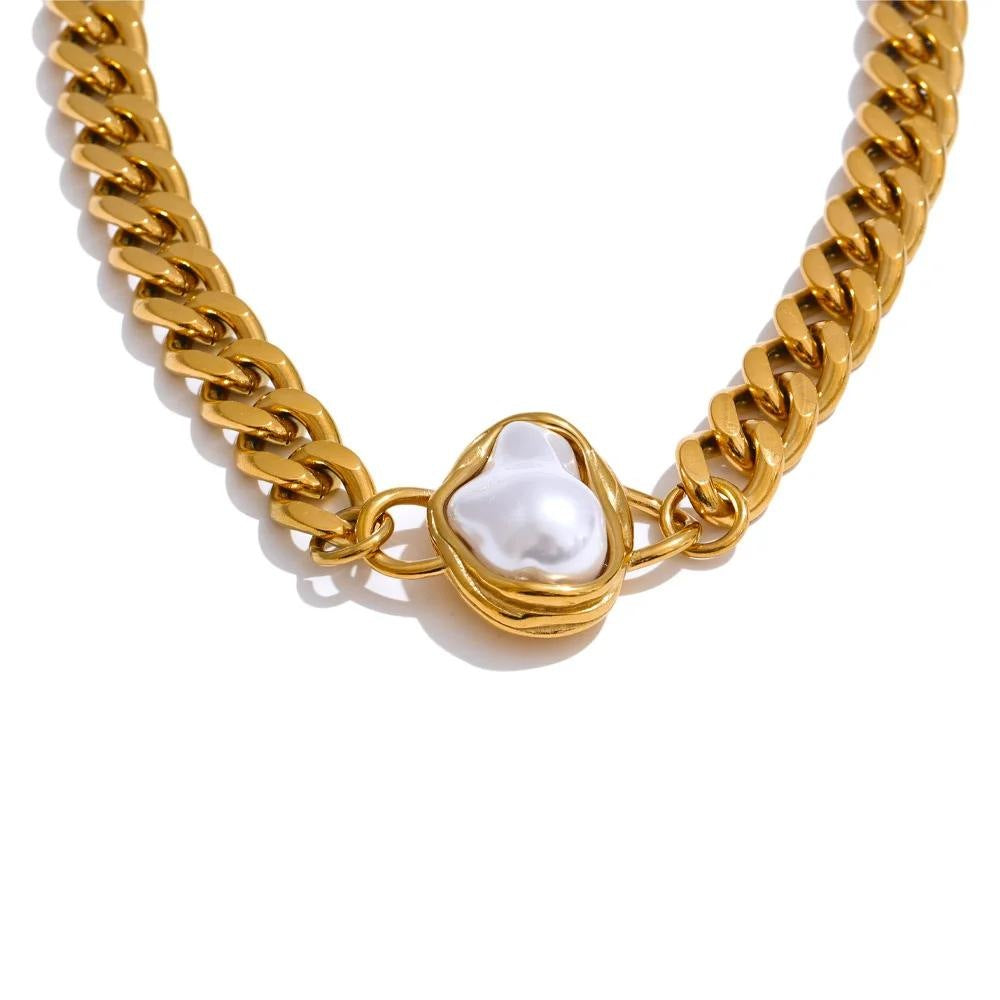 Baroque-Style Pearl Cuban Chain Necklace, Gold-Tone