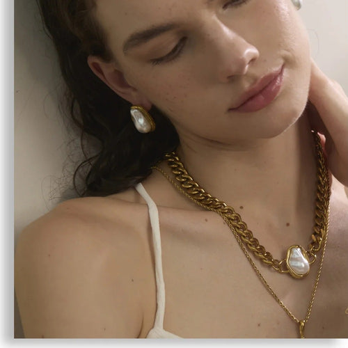 Baroque-Style Pearl Cuban Chain Necklace, Gold-Tone