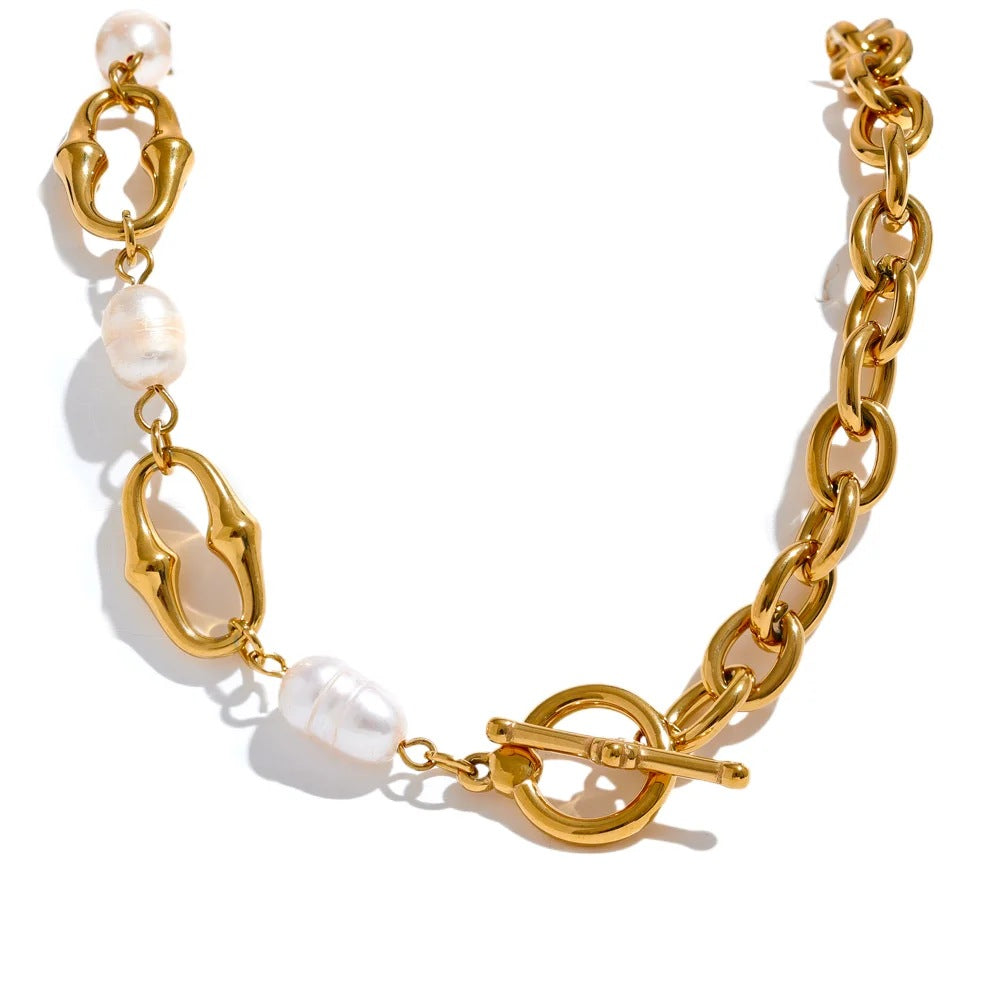 Chain Toggle Necklace with Pearl Accents, Gold-Tone