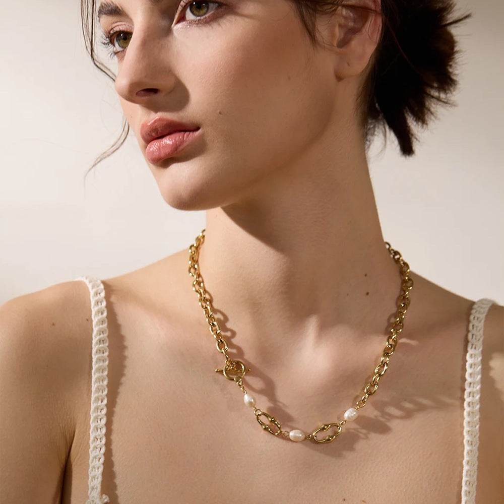 Chain Toggle Necklace with Pearl Accents, Gold-Tone