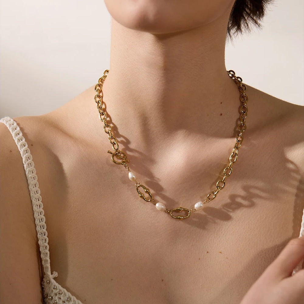 Chain Toggle Necklace with Pearl Accents, Gold-Tone